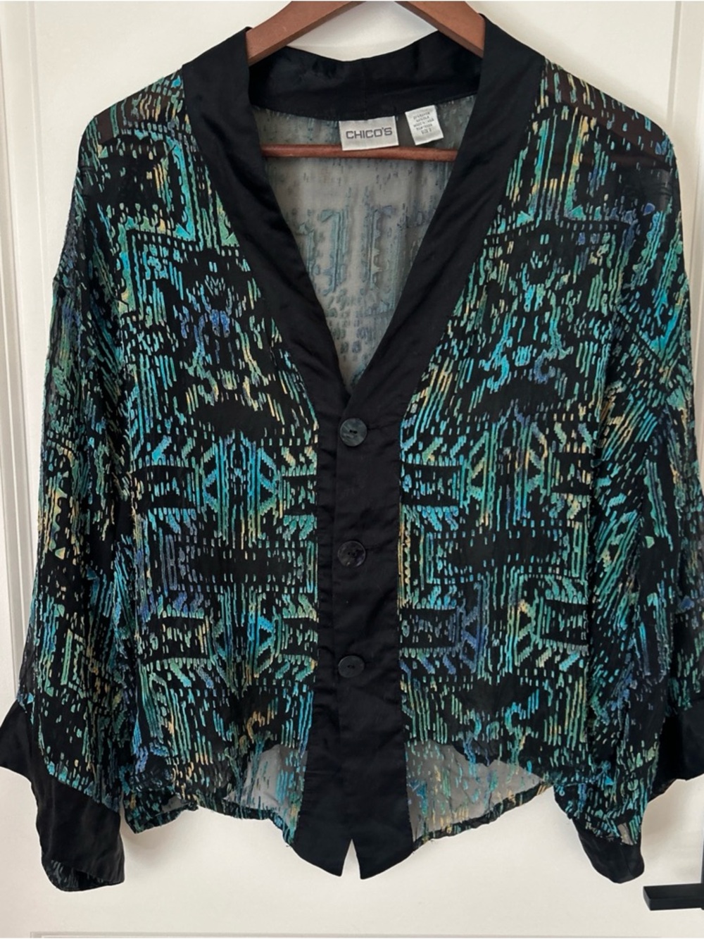 Chico's Silk Blend Black Teal Blue Abstract Print Button-Front Top